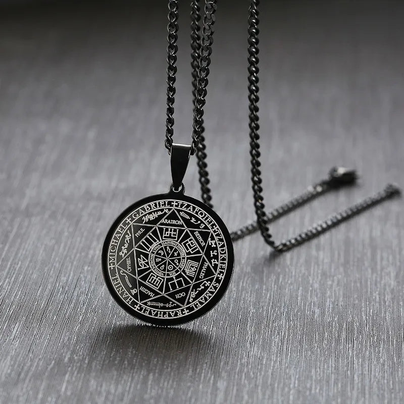 Mens The Seal of The Seven Archangels Necklace 3 Colors Stainless Steel Round Male Pendant Jewelry Free Chain 24"  (GoldenCity)