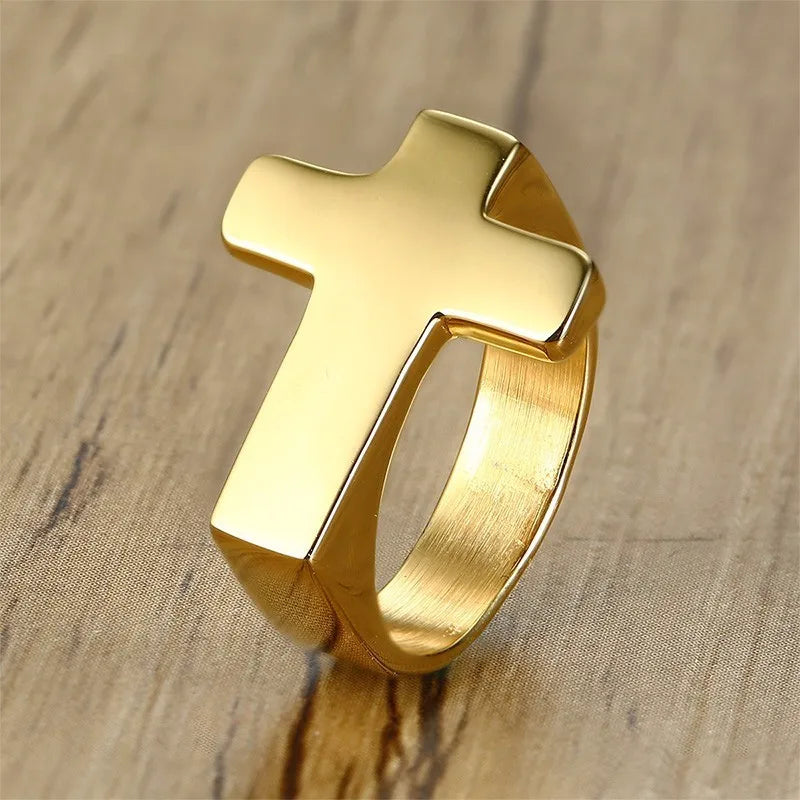 Unique Cross Flat Top Ring For Men Glossy Stainless Steel Christ Jesus Prayer Faith Anel Fraternal Rings  (GoldenCity)