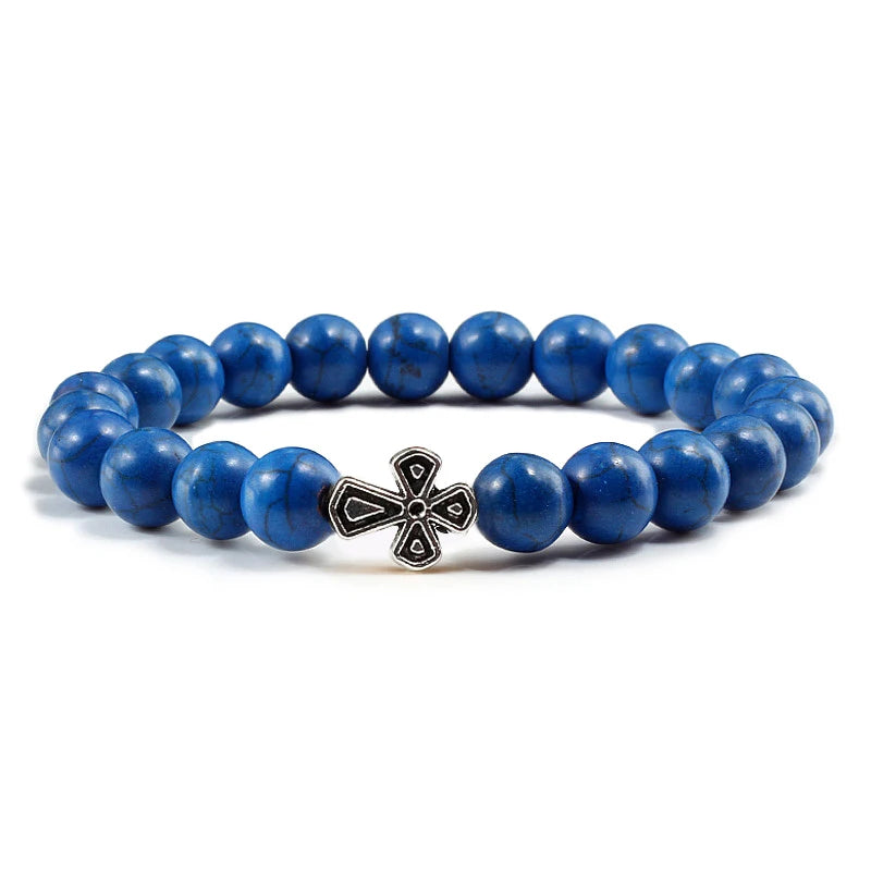 New Natural Stone Lava Beaded Bracelet for Men Women Alloy Christian Jesus Cross Bracelets Bangles Yoga Prayer Fashion Jewelry  (GoldenCity)