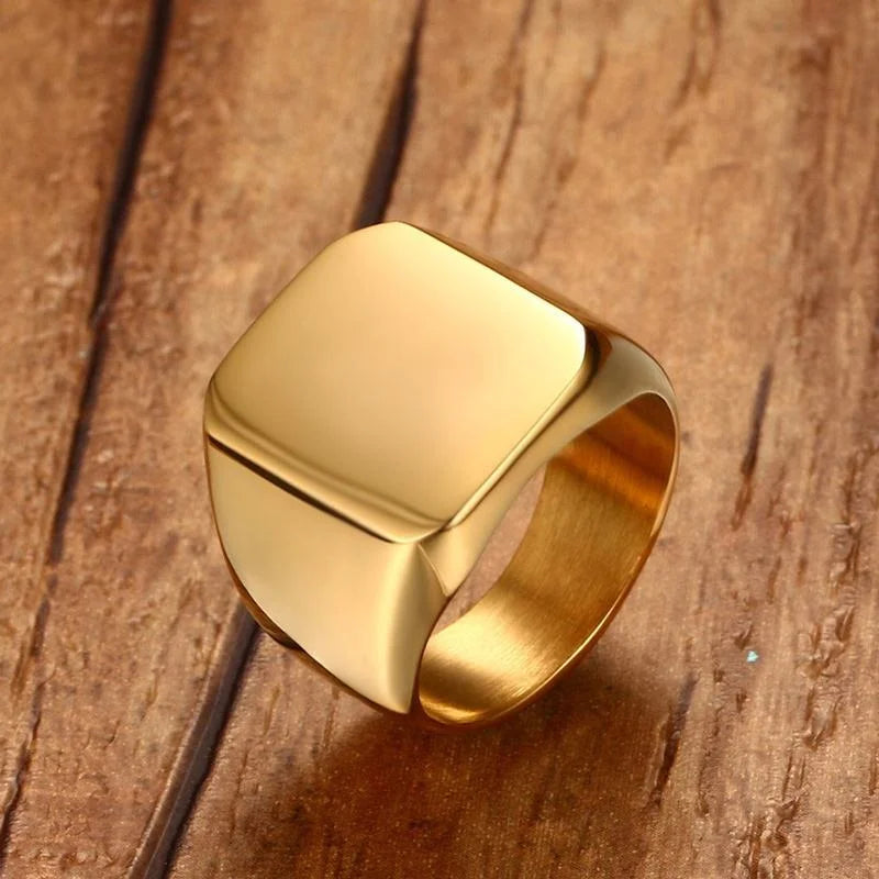 12.5mm Signet Ring for Men, Black Square Top Stainless Steel Finger Band, Gothic Punk Rock Boy Stamp Rings  (GoldenCity)