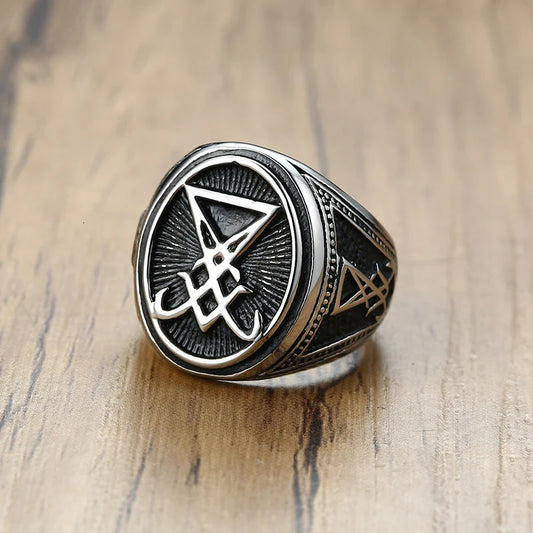 Mens Vintage Lucifer Ring Rock Punk Black Stainless Steel Male Party Gifts Jewelry  (GoldenCity)