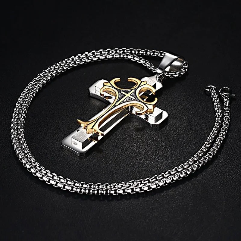 Men's Stainless Steel Cross Pendant Necklace 24" Chain Religion Jewelry  (GoldenCity)
