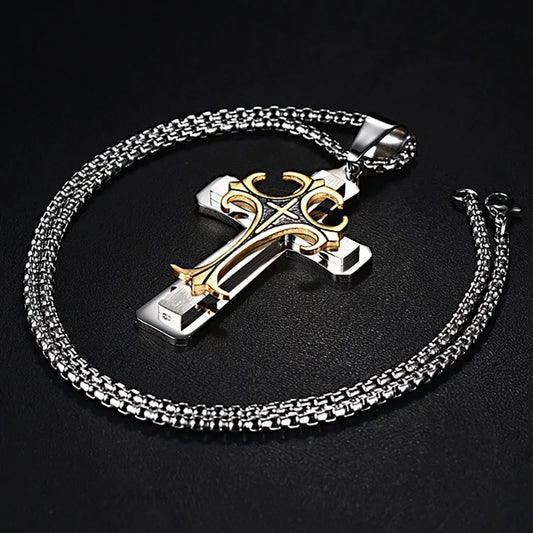 Men's Stainless Steel Cross Pendant Necklace 24" Chain Religion Jewelry  (GoldenCity)