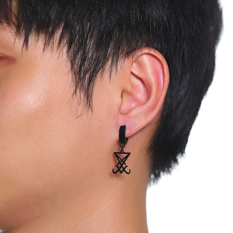 Sigil of Lucifer Dangle Earrings for Men Stainless Steel Unisex Brincos Religious Jewelry  (GoldenCity)