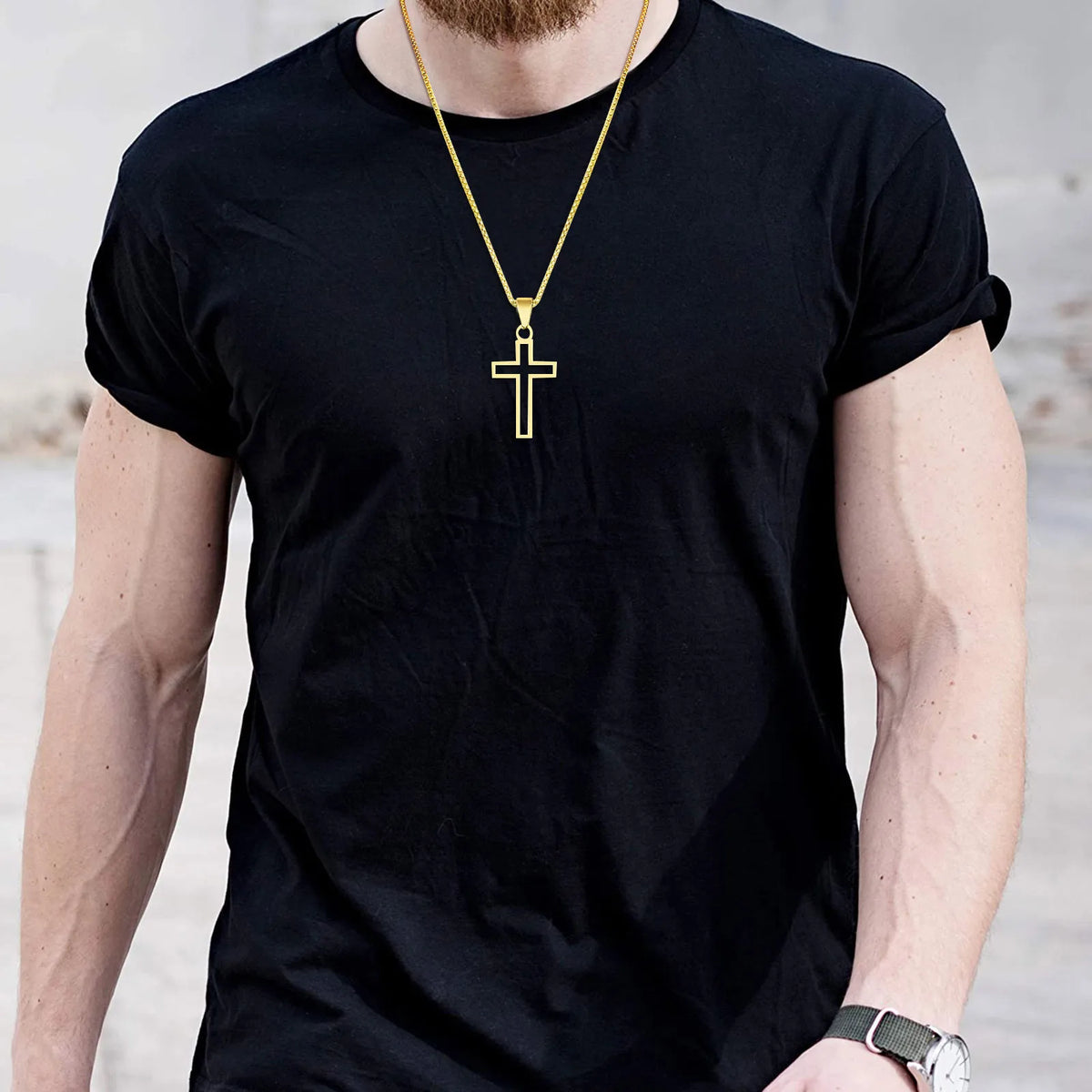 Cutout Cross Necklace for Men Women, Stainless Steel Hollow Cross Pendant with 24" Box Chain, Religious Faith Christ Collar  (GoldenCity)