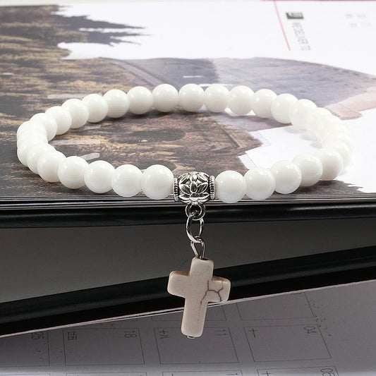 Prayer Bracelet 6MM Onyx Natural Stone Beads Religion Jesus Cross Pedant Bracelets Bangles for Men Women Yoga Friendship Jewelry  (GoldenCity)