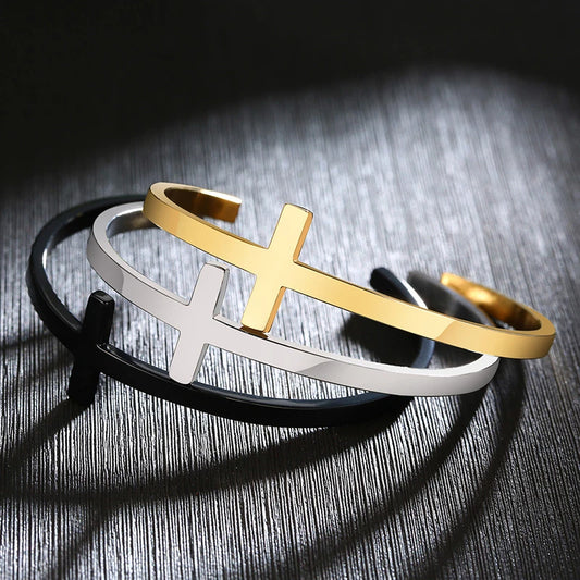 Stylish Cross Bangle for Women Men, Glossy Stainless Steel Cuff Bracelet, Unisex Religious Faith Jewelry  (GoldenCity)