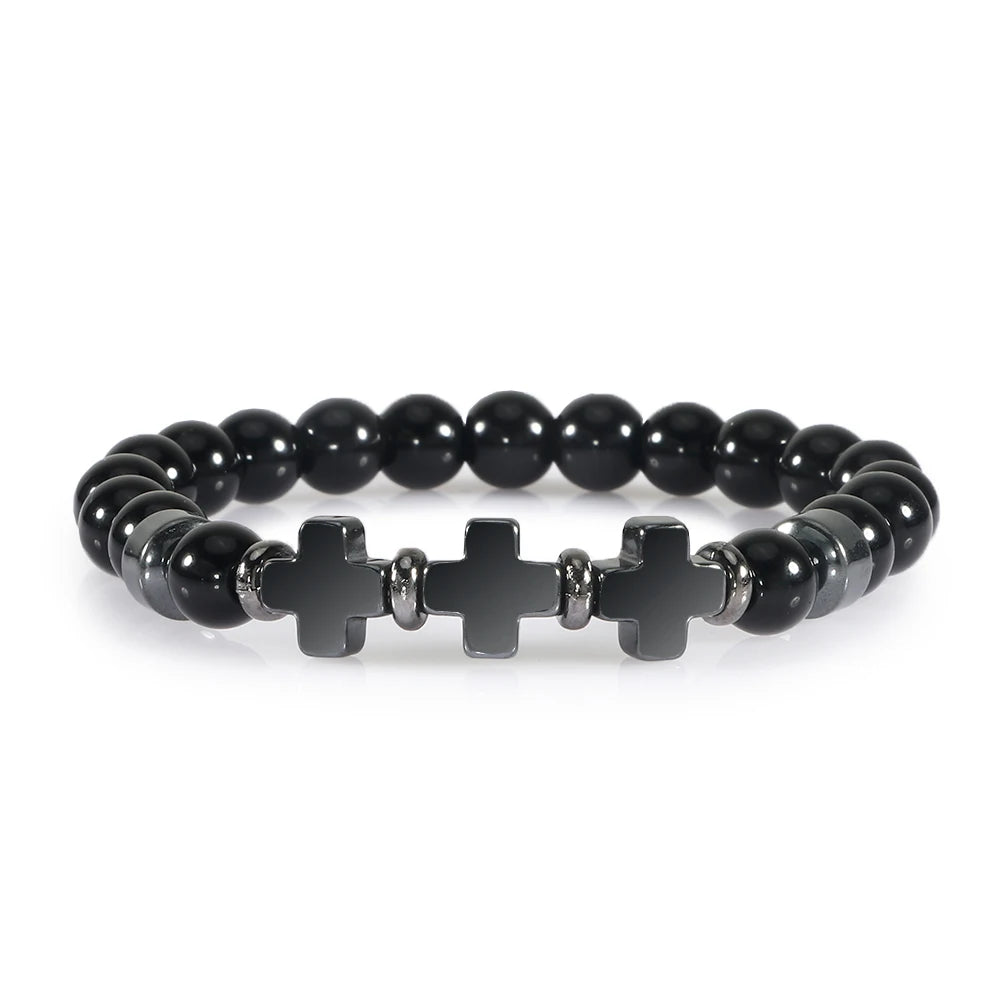 Prayer Men Women Bracelet Hematite Cross Rosary Natural Stone Beads Jesus Onyx Meditation Bracelets Bangles Jewelry Gift Pulsera  (GoldenCity)