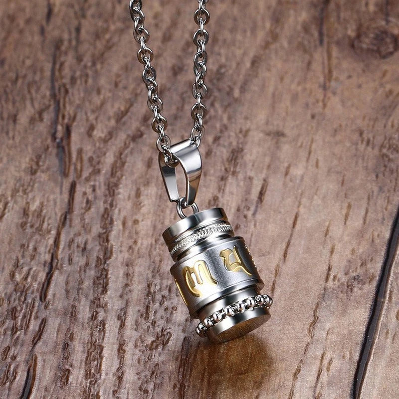 Cool Rotatable Mantra Necklaces & Pendants Stainless Steel Prayer Necklace Men Jewelry Free Chain 20"  (GoldenCity)