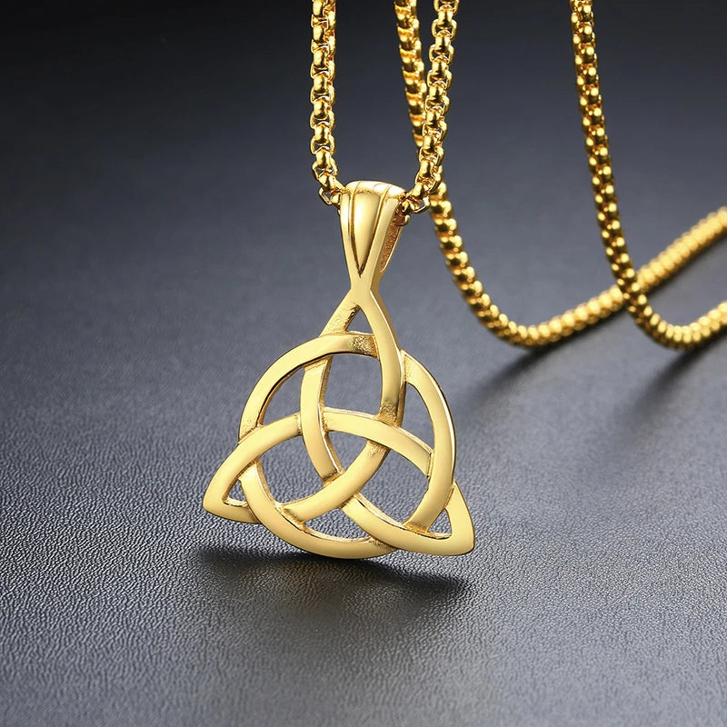 Celtic Knot Necklaces for Men Stainless Steel Triple Knot Pendants Casual Male Jewelry with 24" Box Chain  (GoldenCity)
