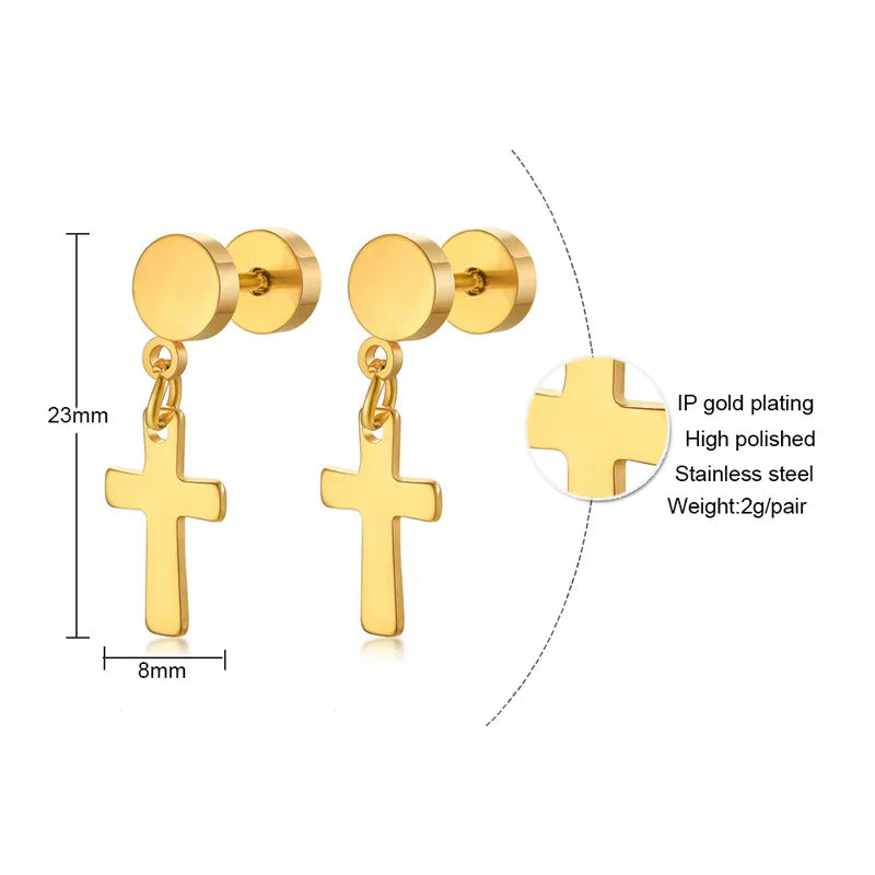 Simple Cross Dangle Earrings for Men Women Minimalist Stainless Steel Drop Small Hoop Metal Ear Jewelry Anti Allergy  (GoldenCity)