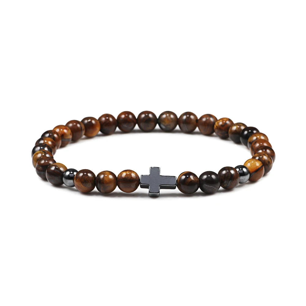 Prayer Men Women Bracelet Hematite Cross Rosary Natural Stone Beads Jesus Onyx Meditation Bracelets Bangles Jewelry Gift Pulsera  (GoldenCity)
