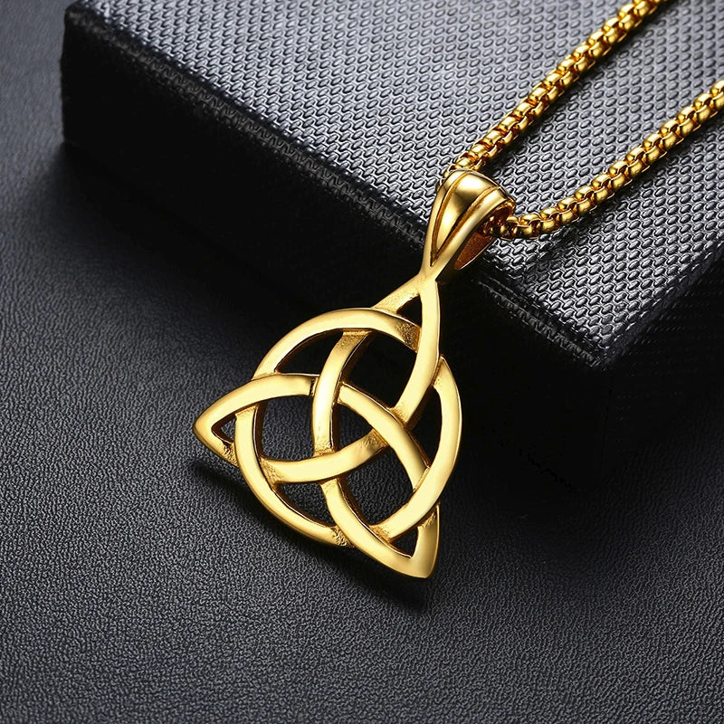 Celtic Knot Necklaces for Men Stainless Steel Triple Knot Pendants Casual Male Jewelry with 24" Box Chain  (GoldenCity)