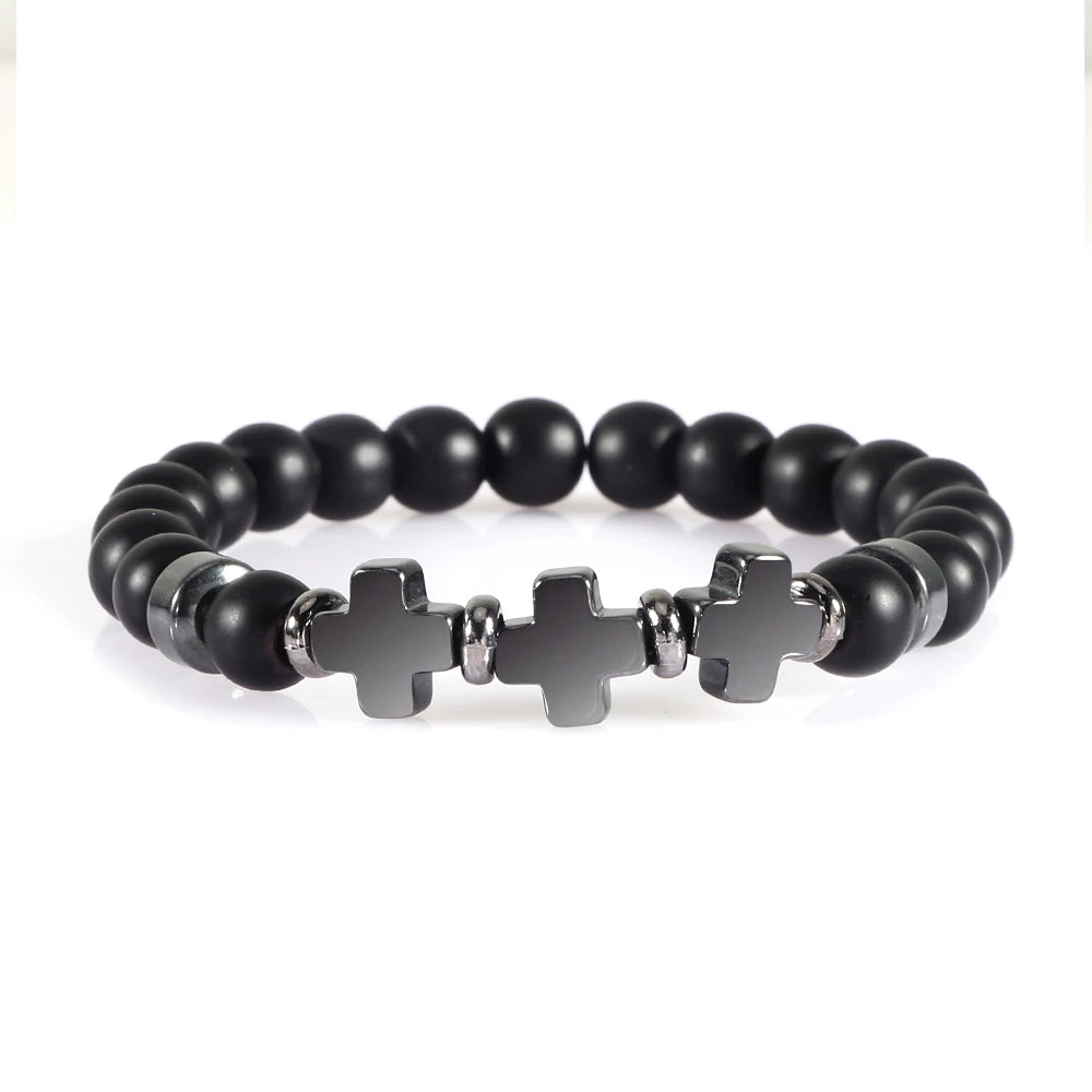 Prayer Men Women Bracelet Hematite Cross Rosary Natural Stone Beads Jesus Onyx Meditation Bracelets Bangles Jewelry Gift Pulsera  (GoldenCity)