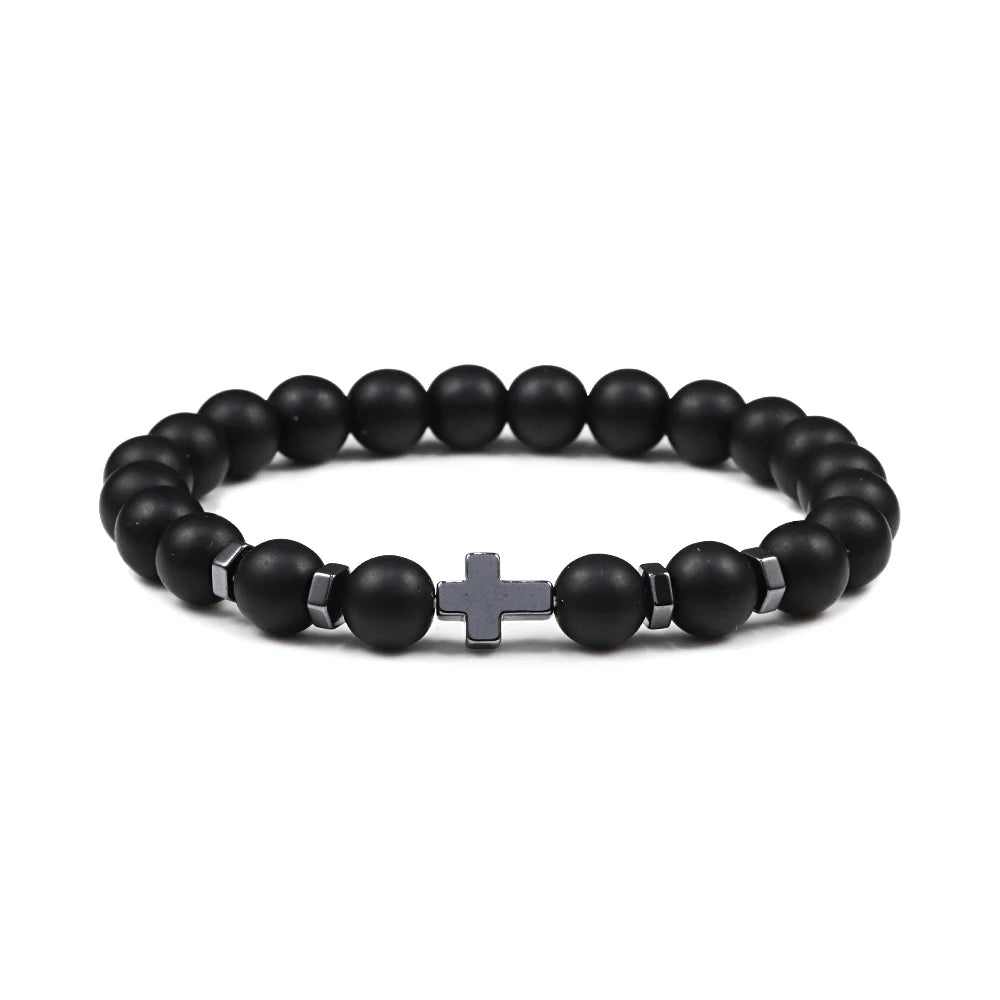 Natural Lava Stone Bead Bracelet Men Prayer Meditation Hematite Cross Jesus Thin Couple Bangles Pulsera Jewelry Gifts for Friend  (GoldenCity)