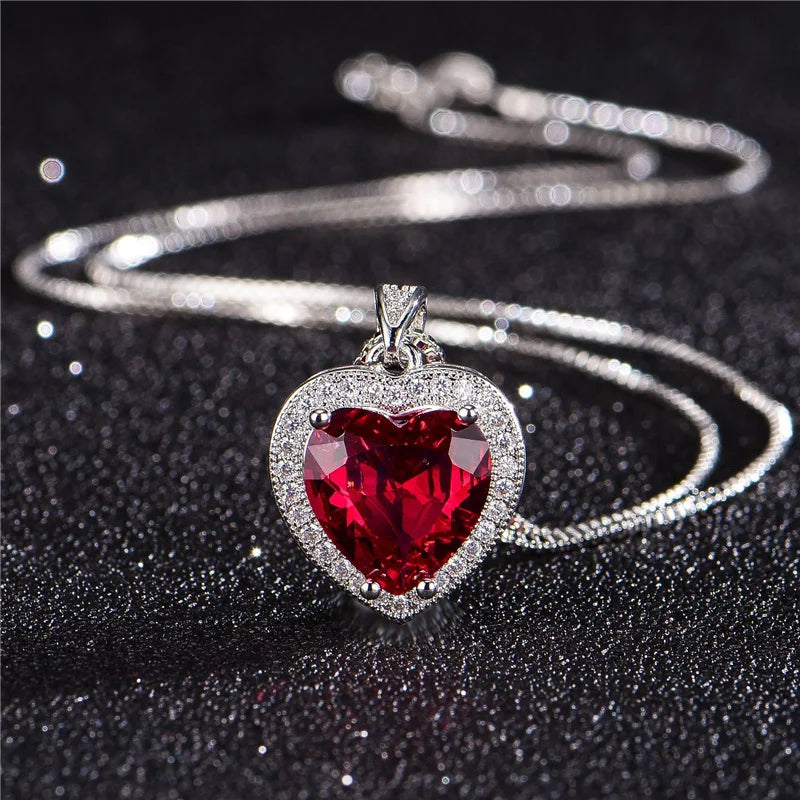 Bright Crystal Red Heart Pendant Necklace For Lady Engagement Accessories Trendy 925 Silver Necklace Choker Women Jewelry Gift  (GoldenCity)