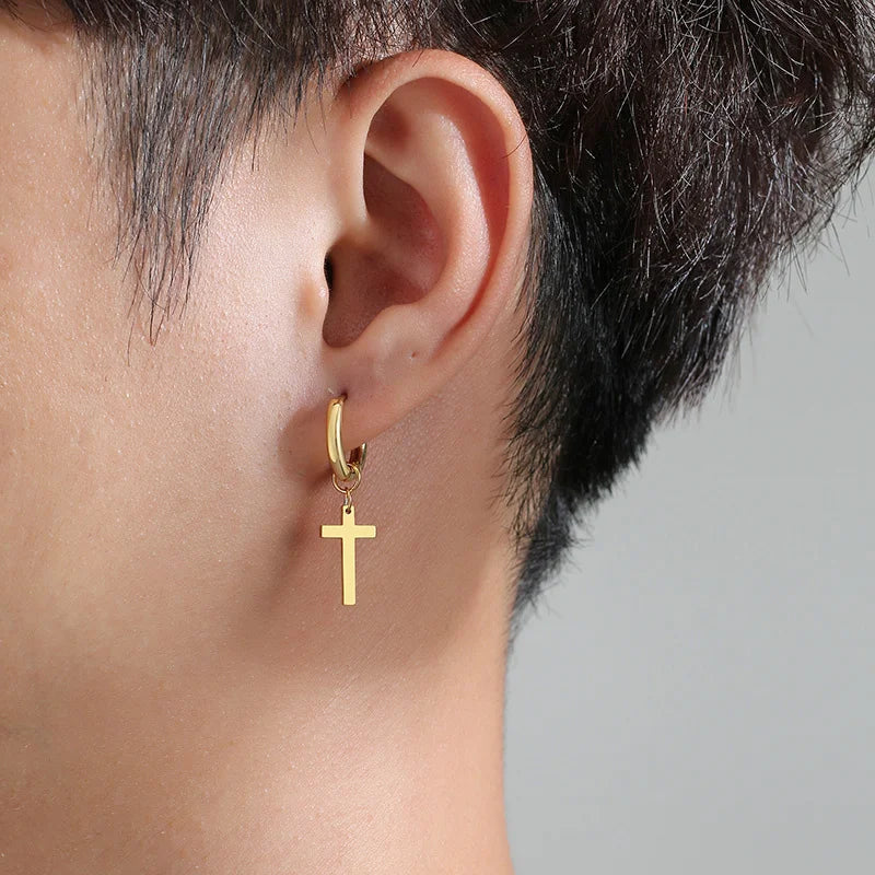Simple Cross Dangle Earrings for Men Women Minimalist Stainless Steel Drop Small Hoop Metal Ear Jewelry Anti Allergy  (GoldenCity)