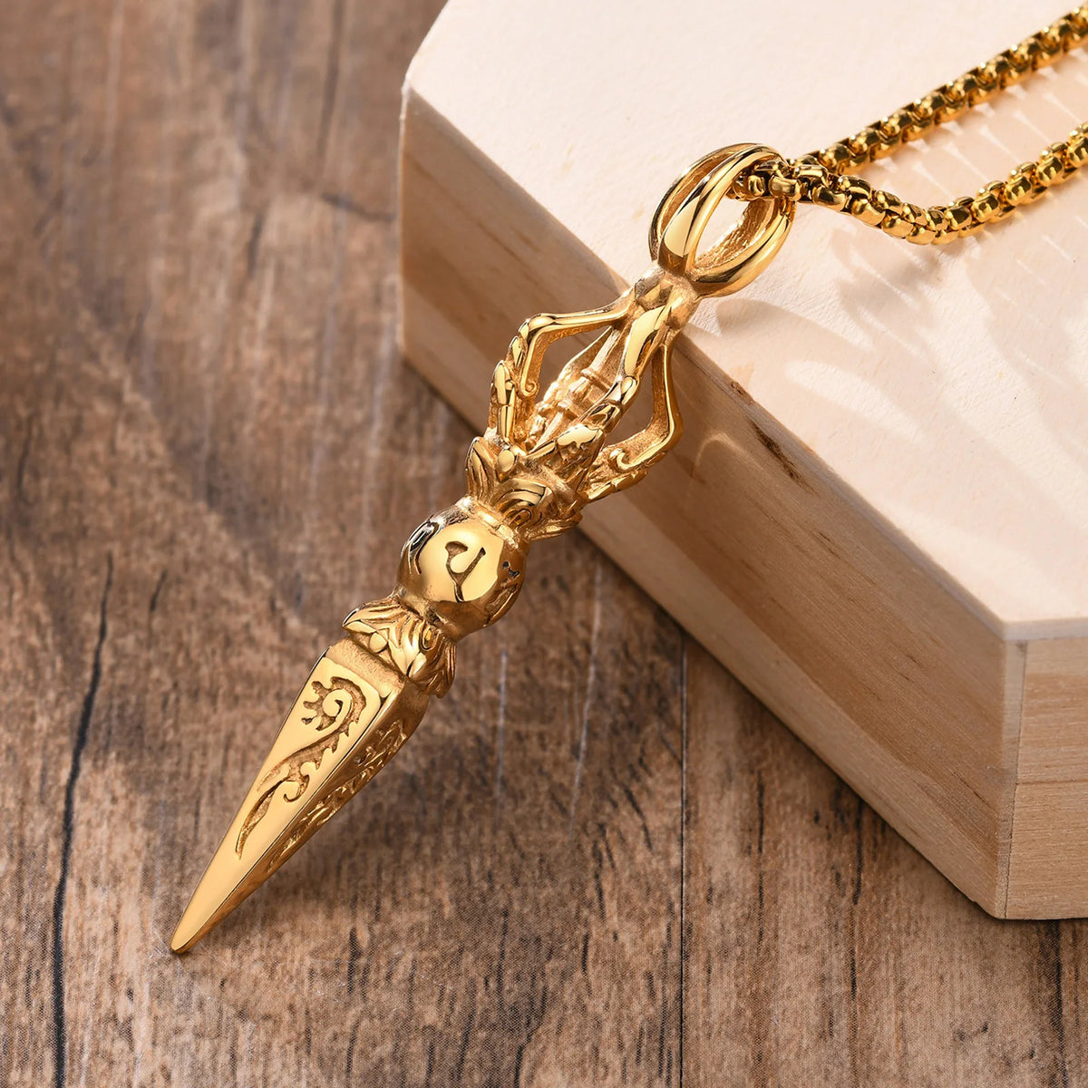 Men Rock Punk Tibetan Buddhist Protection Necklaces,Stainless Steel Vajra Patron Saint Amulet Prayer Collar Jewelry  (GoldenCity)
