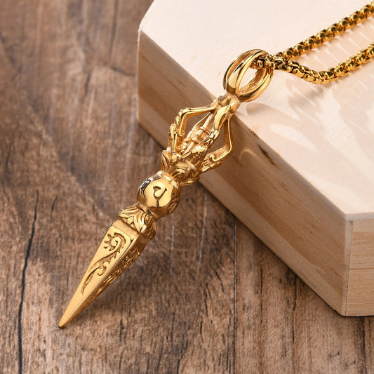 Men Rock Punk Tibetan Buddhist Protection Necklaces,Stainless Steel Vajra Patron Saint Amulet Prayer Collar Jewelry  (GoldenCity)