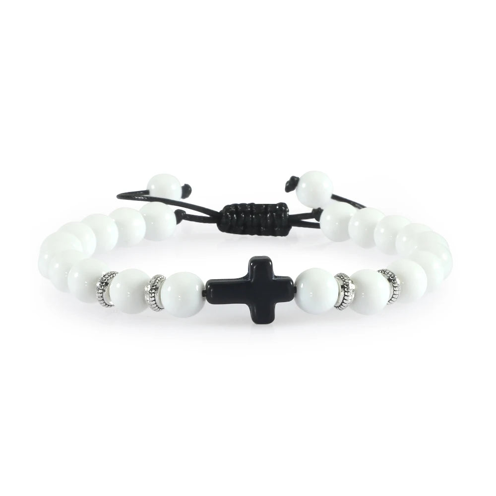 Prayer Men Women Bracelet Hematite Cross Rosary Natural Stone Beads Jesus Onyx Meditation Bracelets Bangles Jewelry Gift Pulsera  (GoldenCity)