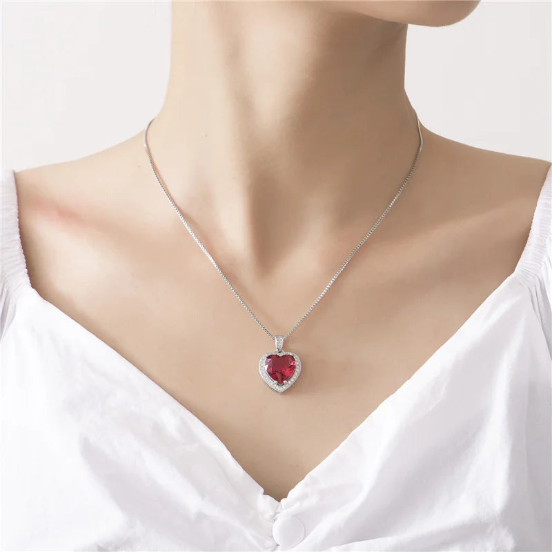 Bright Crystal Red Heart Pendant Necklace For Lady Engagement Accessories Trendy 925 Silver Necklace Choker Women Jewelry Gift  (GoldenCity)