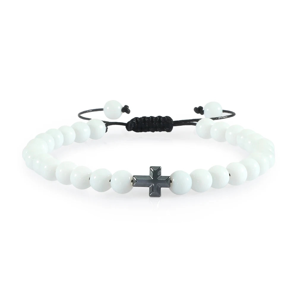 Charm 6mm Natural Stone Beads Braided Bracelet Prayer Men Women Christian Jesus Bless Cross Bracelets Bangles Friendship Jewelry  (GoldenCity)