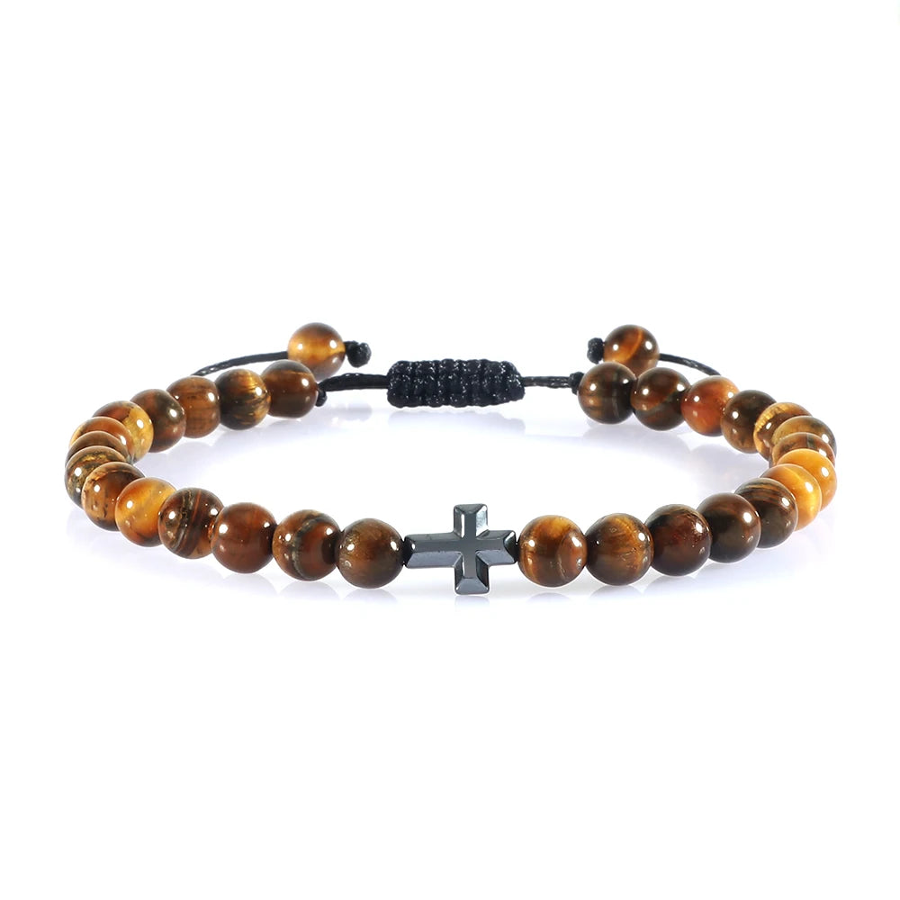 Charm 6mm Natural Stone Beads Braided Bracelet Prayer Men Women Christian Jesus Bless Cross Bracelets Bangles Friendship Jewelry  (GoldenCity)