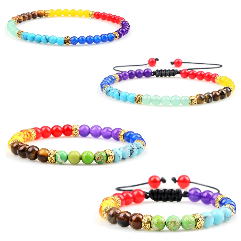 Minimalist 4 6MM 7 Chakra Natural Stone Bracelet Women Yoga Elastic Rope Bracelets Couple Adjustable Braided Bangles Jewelry New  (GoldenCity)
