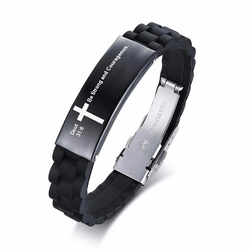 Religious Cross Jesus Scripture Quote Christian Bible Verse Inspiring Faith Silicone Bracelets for Men Personalize Gift  (GoldenCity)