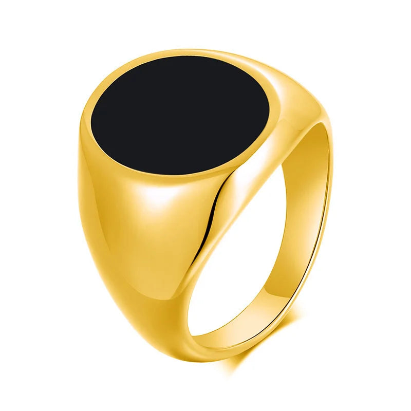 12.5mm Signet Ring for Men, Black Square Top Stainless Steel Finger Band, Gothic Punk Rock Boy Stamp Rings  (GoldenCity)