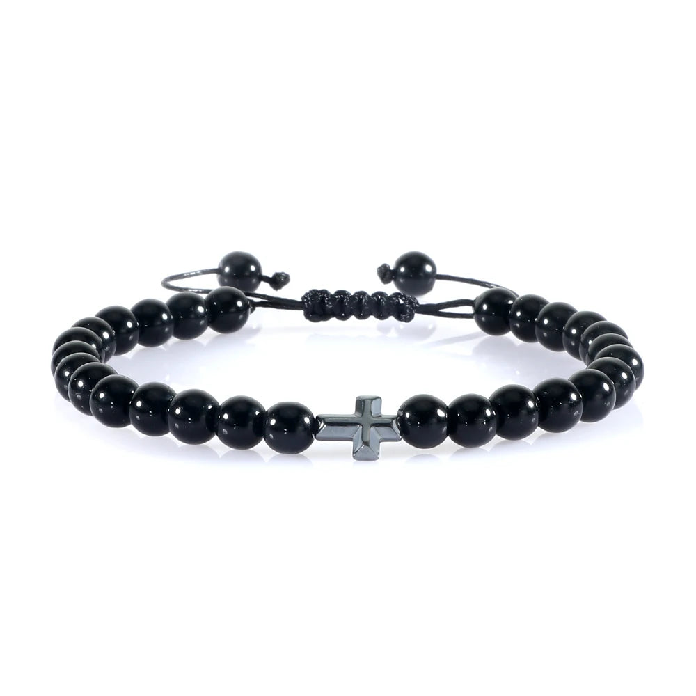 Charm 6mm Natural Stone Beads Braided Bracelet Prayer Men Women Christian Jesus Bless Cross Bracelets Bangles Friendship Jewelry  (GoldenCity)