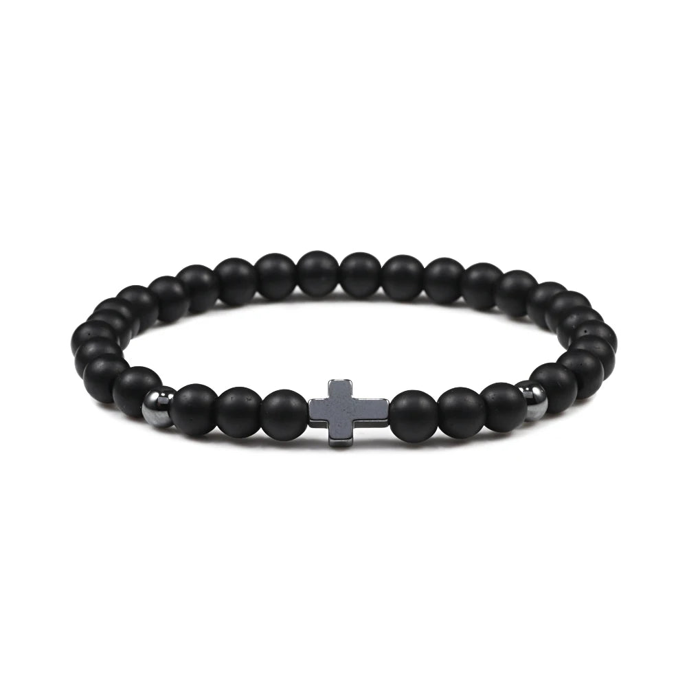 Natural Lava Stone Bead Bracelet Men Prayer Meditation Hematite Cross Jesus Thin Couple Bangles Pulsera Jewelry Gifts for Friend  (GoldenCity)