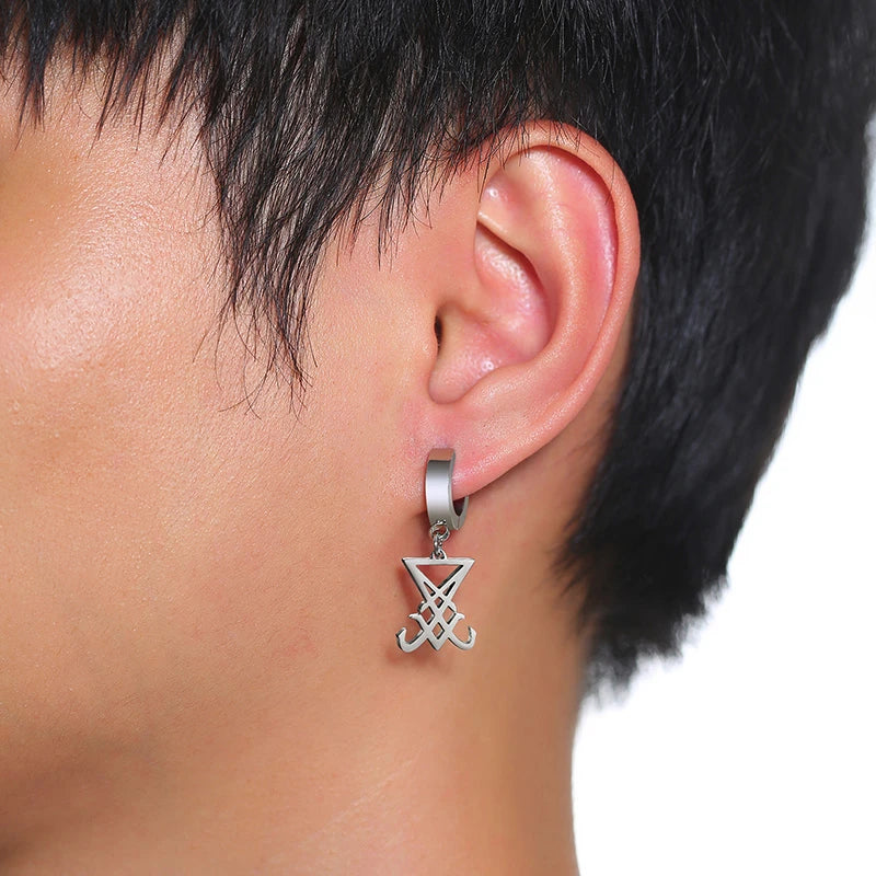 Sigil of Lucifer Dangle Earrings for Men Stainless Steel Unisex Brincos Religious Jewelry  (GoldenCity)