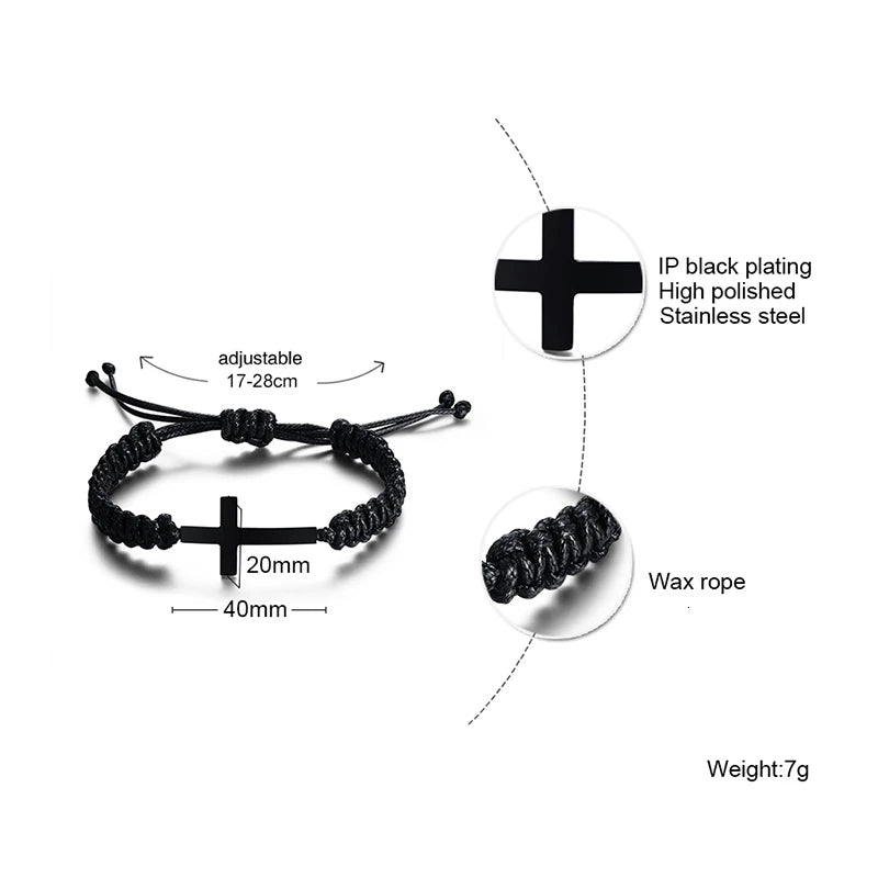 Black Cross Charm Bracelet for Men Teens Boy Braided Rope Chain Unisex Handmade Jewelry  (GoldenCity)