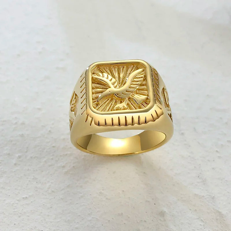 12.5mm Signet Ring for Men, Black Square Top Stainless Steel Finger Band, Gothic Punk Rock Boy Stamp Rings  (GoldenCity)
