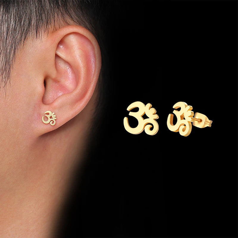 Mens Ankh Cross Stud Earrings for Women Jewelry Stainless Steel AUM OM Casual Unisex Gifts  (GoldenCity)