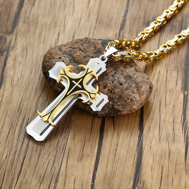 Cross Necklace For Men Byzantine Gold Color Stainless Steel Chain Catholic Crucifix Pendant Male Punk Rock Ornaments  (GoldenCity)