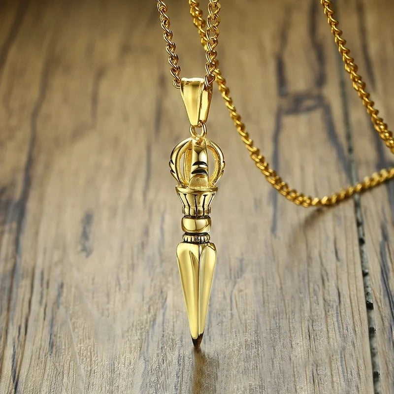 Men Rock Punk Tibetan Buddhist Protection Necklaces,Stainless Steel Vajra Patron Saint Amulet Prayer Collar Jewelry  (GoldenCity)