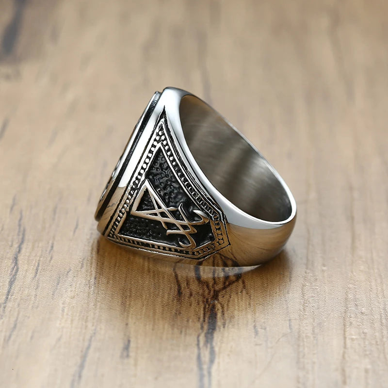 Mens Vintage Lucifer Ring Rock Punk Black Stainless Steel Male Party Gifts Jewelry  (GoldenCity)