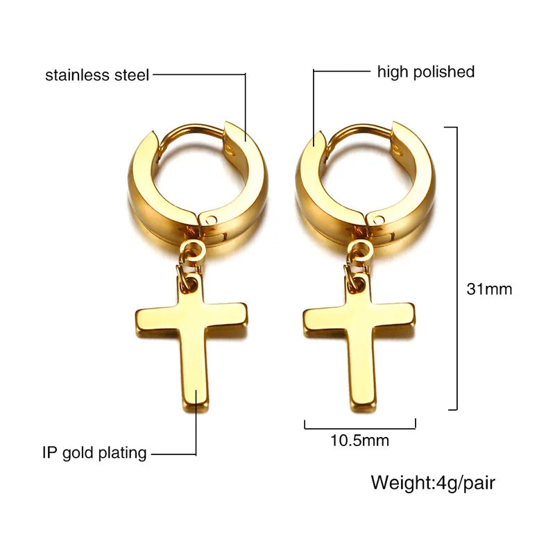 Simple Cross Dangle Earrings for Men Women Minimalist Stainless Steel Drop Small Hoop Metal Ear Jewelry Anti Allergy  (GoldenCity)