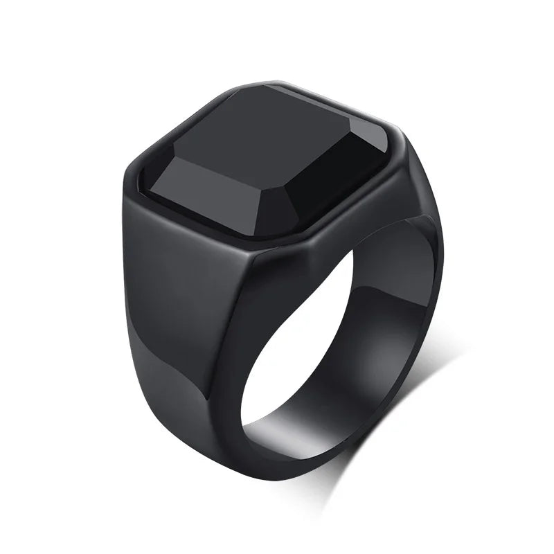 12.5mm Signet Ring for Men, Black Square Top Stainless Steel Finger Band, Gothic Punk Rock Boy Stamp Rings  (GoldenCity)