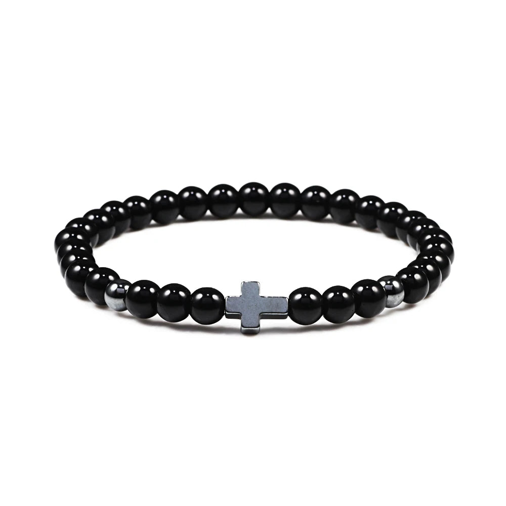 Prayer Men Women Bracelet Hematite Cross Rosary Natural Stone Beads Jesus Onyx Meditation Bracelets Bangles Jewelry Gift Pulsera  (GoldenCity)