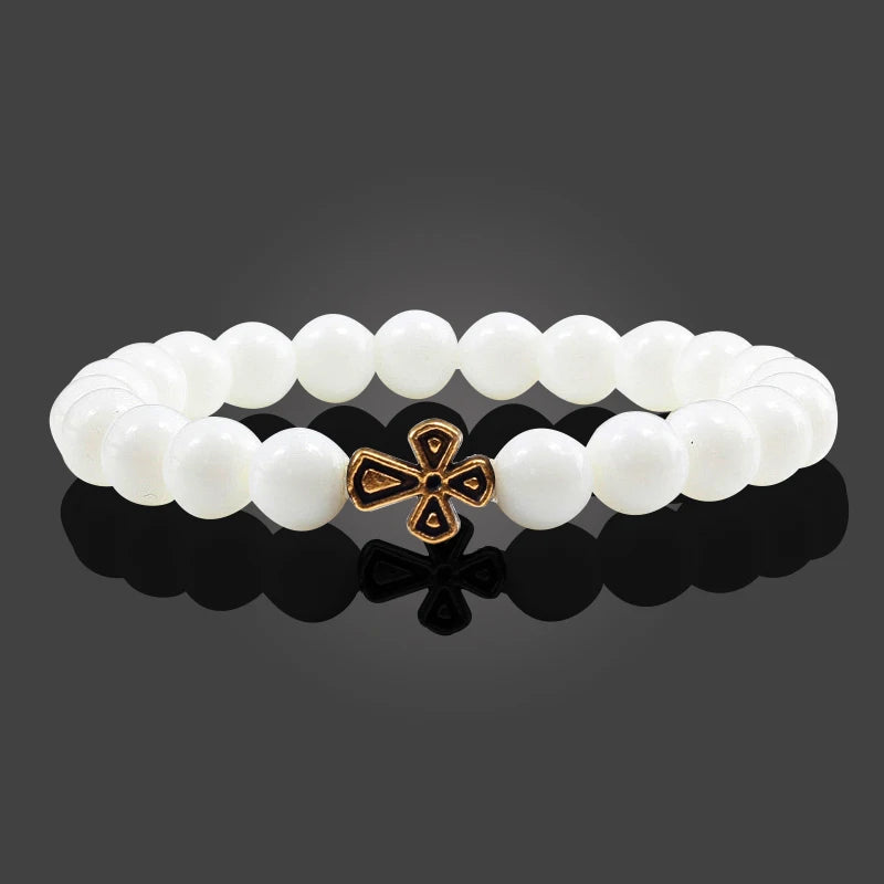 New Natural Stone Lava Beaded Bracelet for Men Women Alloy Christian Jesus Cross Bracelets Bangles Yoga Prayer Fashion Jewelry  (GoldenCity)