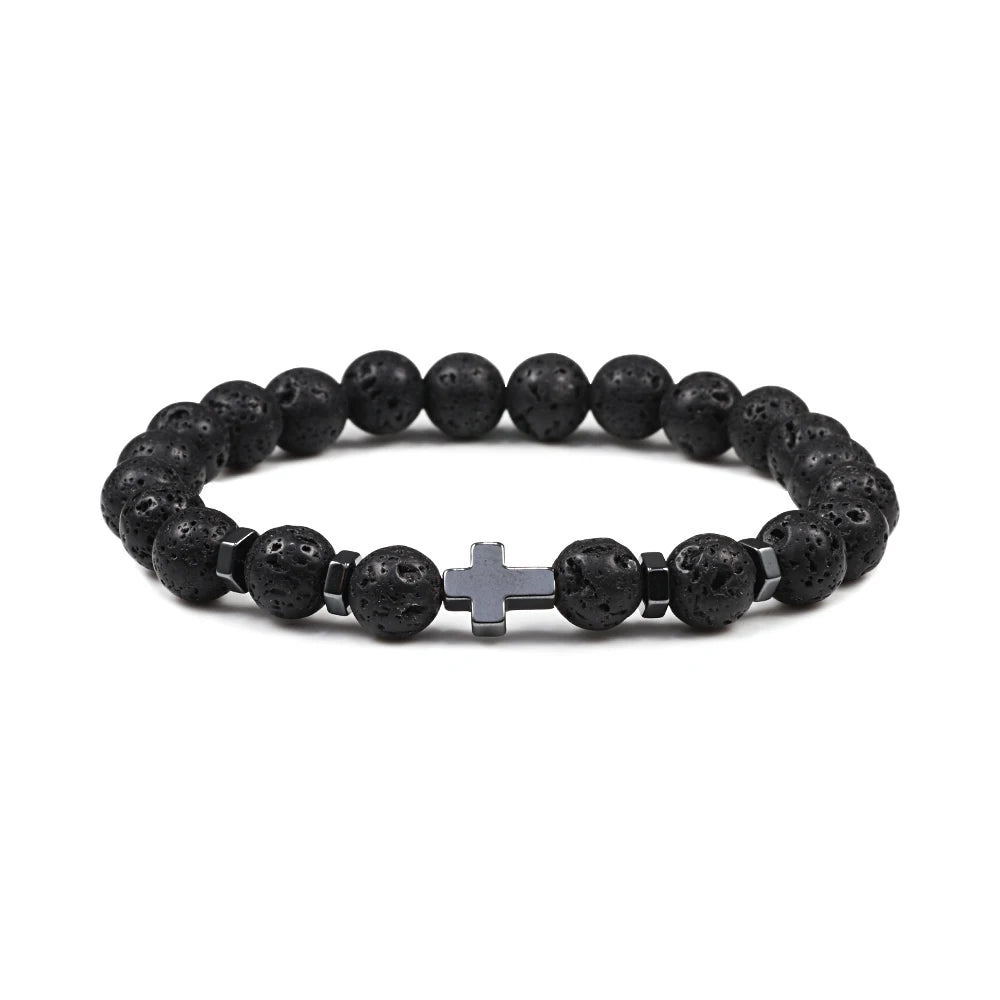 Prayer Men Women Bracelet Hematite Cross Rosary Natural Stone Beads Jesus Onyx Meditation Bracelets Bangles Jewelry Gift Pulsera  (GoldenCity)
