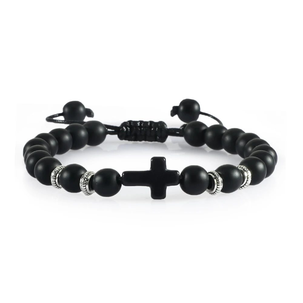 Prayer Men Women Bracelet Hematite Cross Rosary Natural Stone Beads Jesus Onyx Meditation Bracelets Bangles Jewelry Gift Pulsera  (GoldenCity)