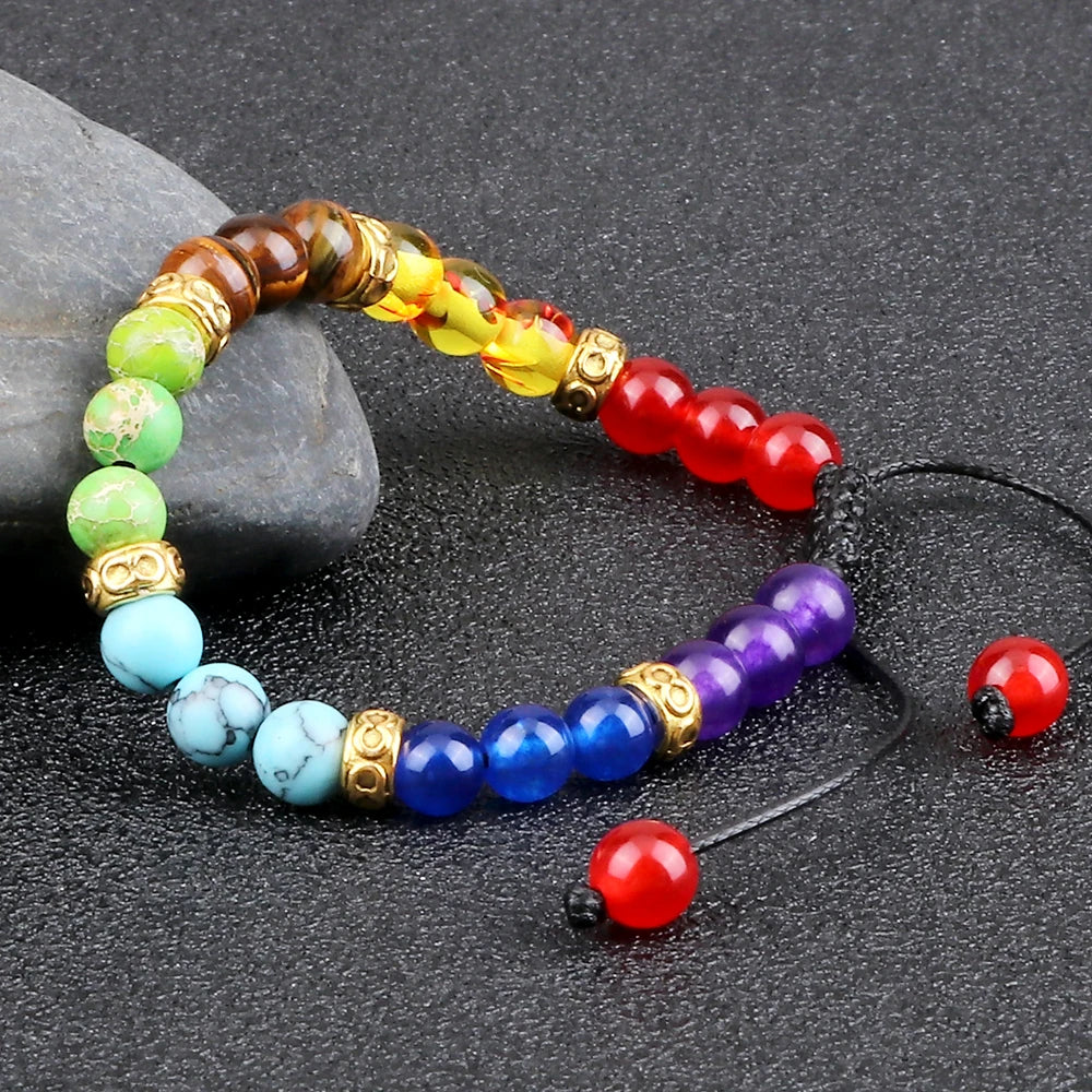 Minimalist 4 6MM 7 Chakra Natural Stone Bracelet Women Yoga Elastic Rope Bracelets Couple Adjustable Braided Bangles Jewelry New  (GoldenCity)