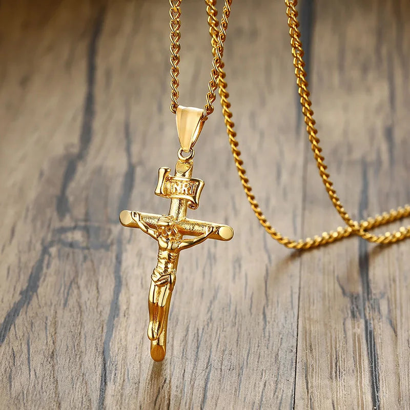 Men's Assorted Catholic Cross Pendant Necklaces, Stainless Steel Christ Prayer Collar Jewelry,with 24" Chain  (GoldenCity)