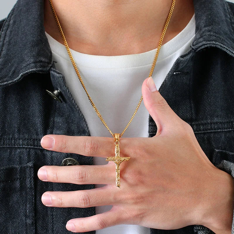 Cross Necklace for Men Women,Catholicism Jesus Pendant,Gold Color Stainless Steel Unisex Collar,Church Prayer Faith Jewelry  (GoldenCity)