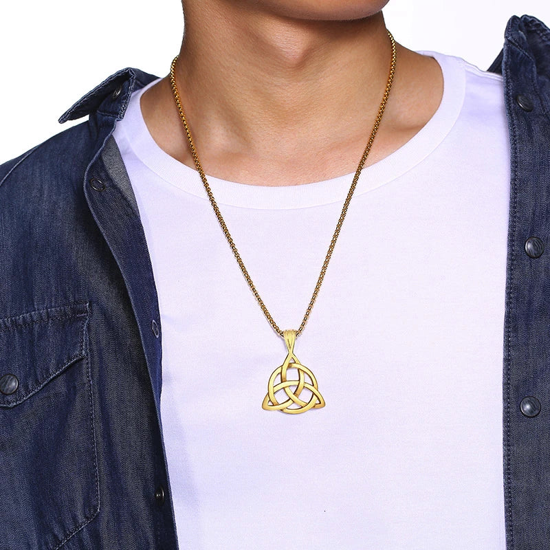 Celtic Knot Necklaces for Men Stainless Steel Triple Knot Pendants Casual Male Jewelry with 24" Box Chain  (GoldenCity)