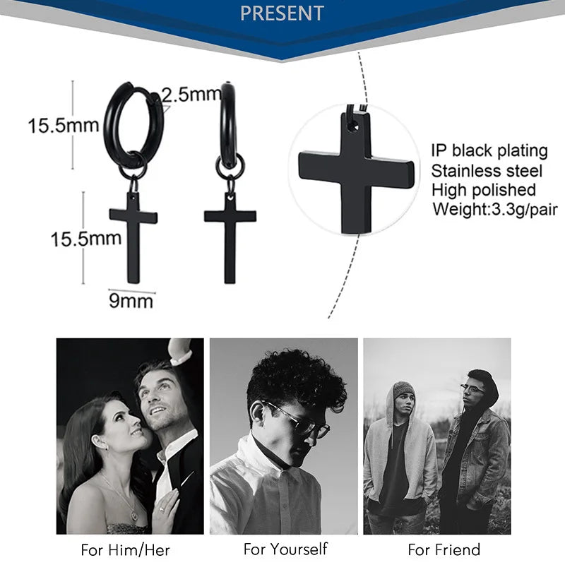 Simple Cross Dangle Earrings for Men Women Minimalist Stainless Steel Drop Small Hoop Metal Ear Jewelry Anti Allergy  (GoldenCity)